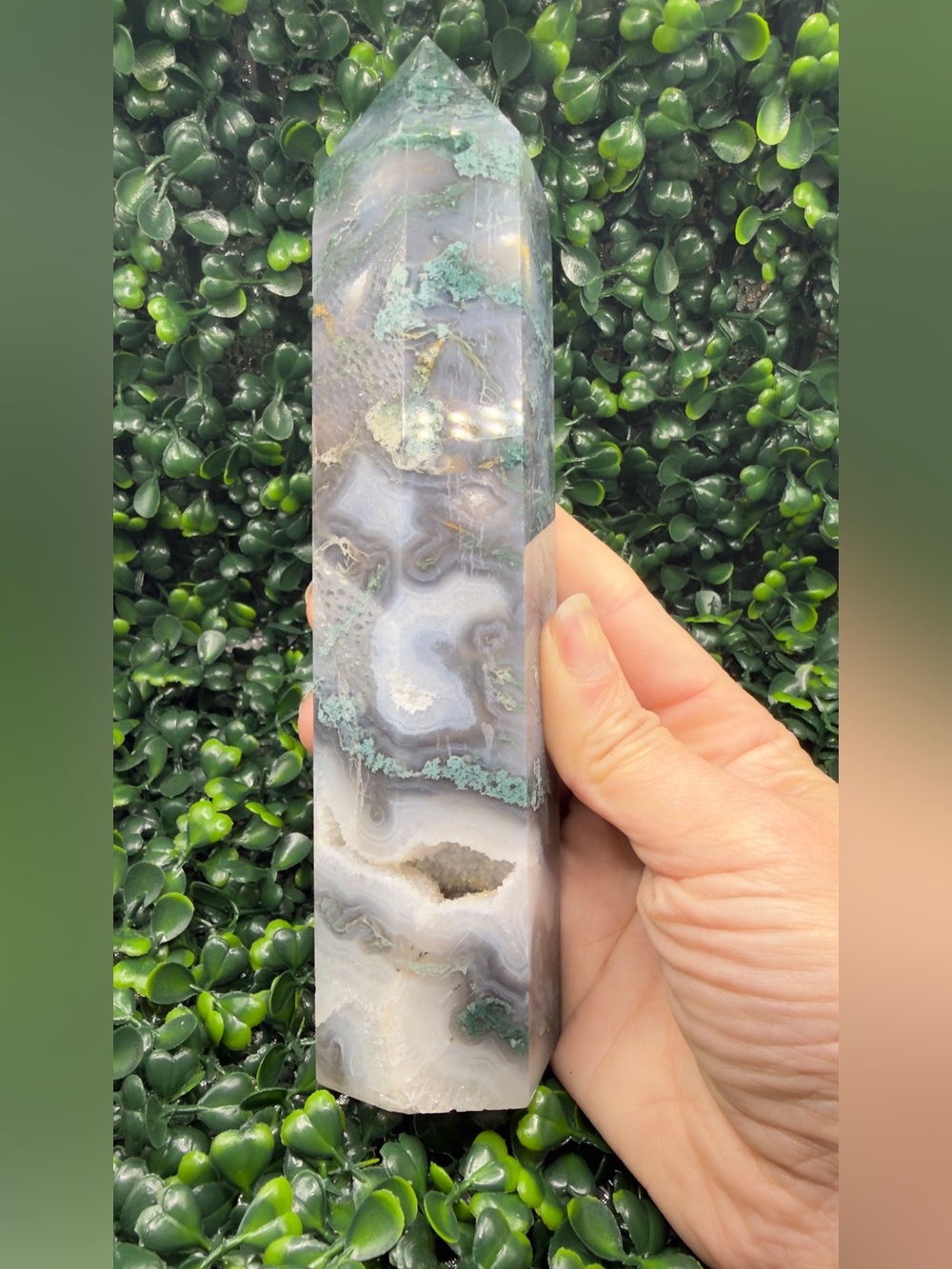 Moss Agate Tower with Druzys